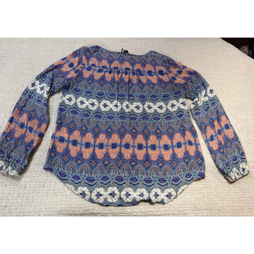 Lucky Brand Women’s Medium Tunic Top Peasant Boho Tie Neck Rayon Blue Orange - Picture 7 of 9